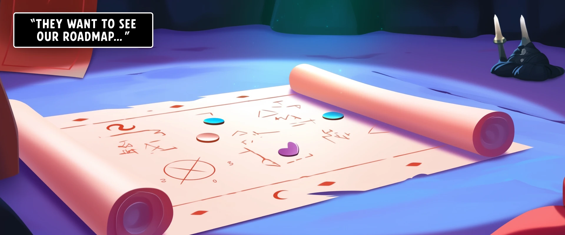 Illustration of an unrolled treasure-map style roadmap on a desk with markers and rolled edges, with a speech bubble reading &lsquo;They want to see our roadmap&hellip;&rsquo;